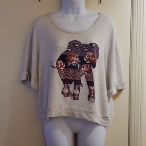 Grey Slouchy Short Sleeved Top w/Floral Elephant